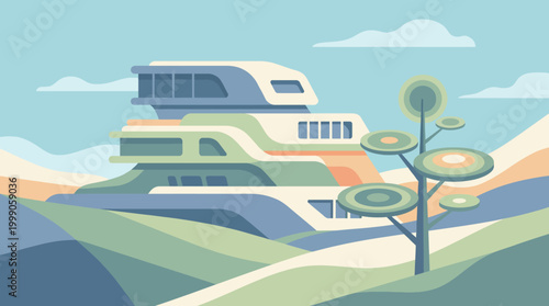 An imaginative representation of a modern architectural structure blended harmoniously with nature, displaying a balance between human constructs and the environment.