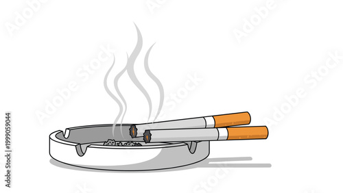 Two burning cigarettes placed on the edge of an ashtray with rising smoke illustrate the unhealthy habit of smoking and tobacco addiction.