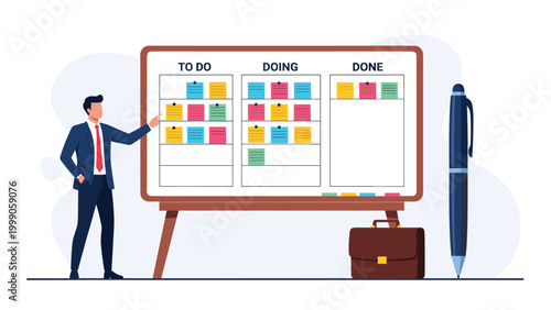 Businessman points to a Kanban board with colorful sticky notes organizing tasks into to-do, doing, and done categories for project tracking.