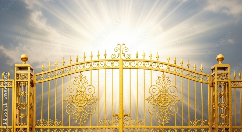 Fototapeta premium Gold gate leading to heaven with bright light. Ornate metal fence against clouds. Symbol of afterlife, entrance into paradise, spiritual transition, faith and religious hope concept.