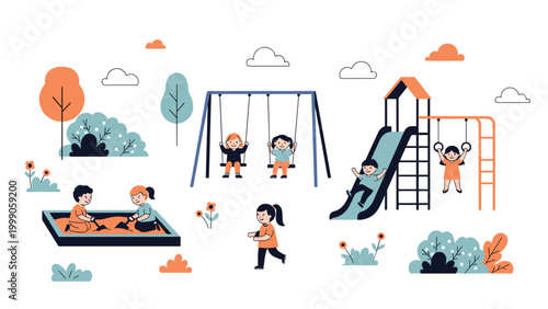 Children play happily on a colorful playground with swings, a slide, a sandbox, and a climbing frame in a public park during a sunny day.