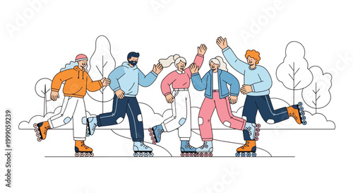 Vector illustration of a diverse group of people ice skating and having fun together in a winter landscape with trees.