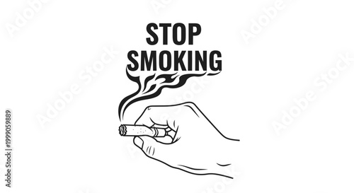 "Stop Smoking" message with hand-drawn illustration of a hand holding a cigarette with smoke. Healthcare campaign icon for anti-smoking awareness and healthy lifestyle promotion.