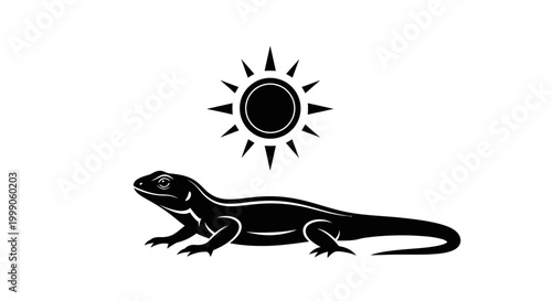 Lizard or gecko silhouette sunbathing under the sun. Tropical reptile icon isolated on white background. Vector illustration of a desert animal.
