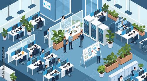 Isometric illustration of a modern openplan office workspace with employees