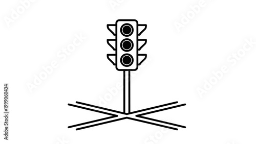 Traffic light icon on crossroads, minimalist line art vector illustration.