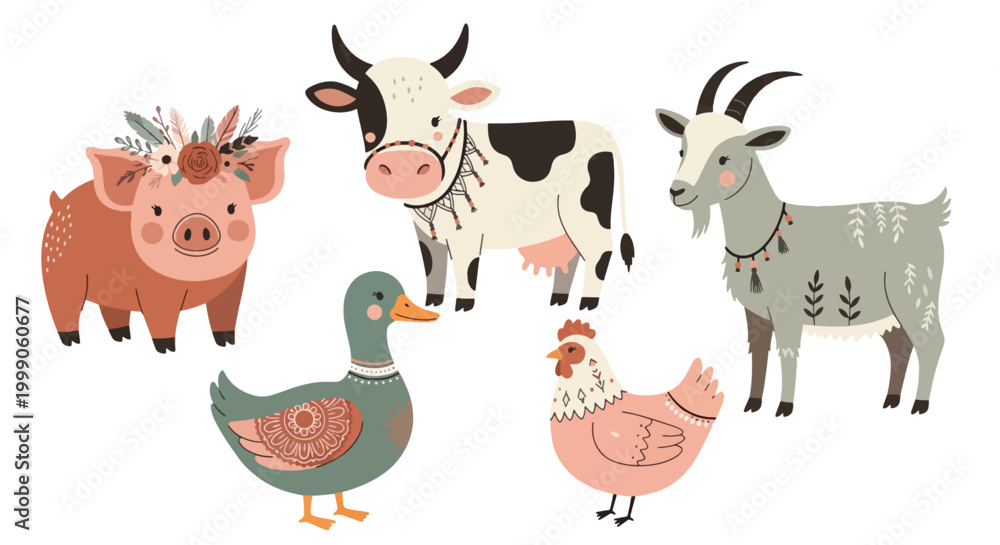 Fototapeta premium Flat illustration of a group of farm animals including a pig, cow, goat, duck, and chicken on a white background.