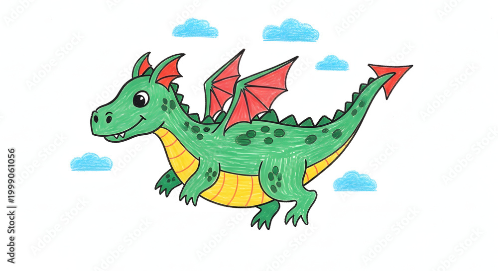 Fototapeta premium Colorful cartoon dragon flying among fluffy clouds