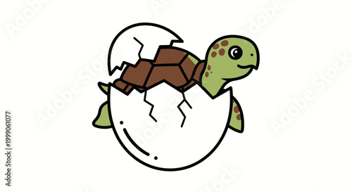 Cute baby turtle hatching from an egg vector illustration.