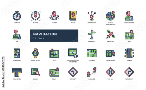 Navigation Colored Outline Icon Set Map GPS Location Direction