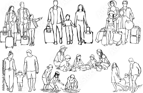 Family travel and beach vacation activities vector collection
