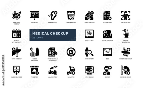 Medical Checkup Solid Glyph Icon Set Health Screening Clinic