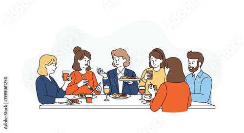 Illustration of a diverse group of adults sitting at a table eating and drinking together in a casual setting with a