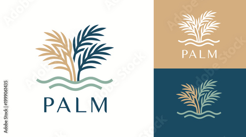 This artistic logo showcases palm trees gracefully emerging from calm waters, symbolizing tranquility, relaxation, and beauty, ideal for vacation, tropical themes, or nature products.