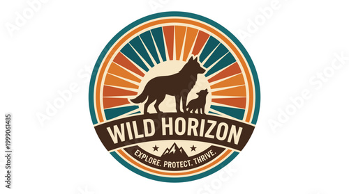 This logo showcases a silhouette of wolves in front of a rising sun, promoting themes of exploration, protection, and conservation in the wild, ideal for outdoor brands.