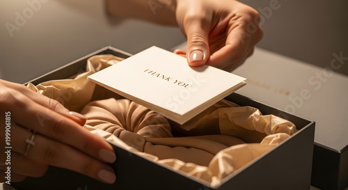 Hands opening gift box with thank you card in soft lighting