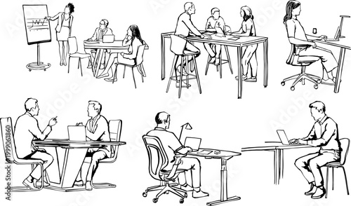 Modern Office Environment Featuring Business Teams Collaborating and Individuals Working on Laptops