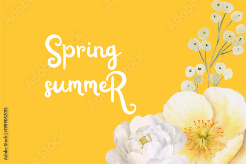 Spring floral in watercolor vector background. Luxury wallpaper design with pink flowers, line art, golden texture.
