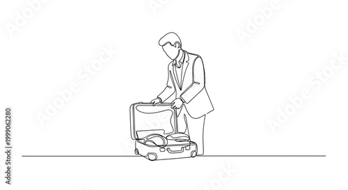 Hotel porter pushing luggage cart in minimalist line style
