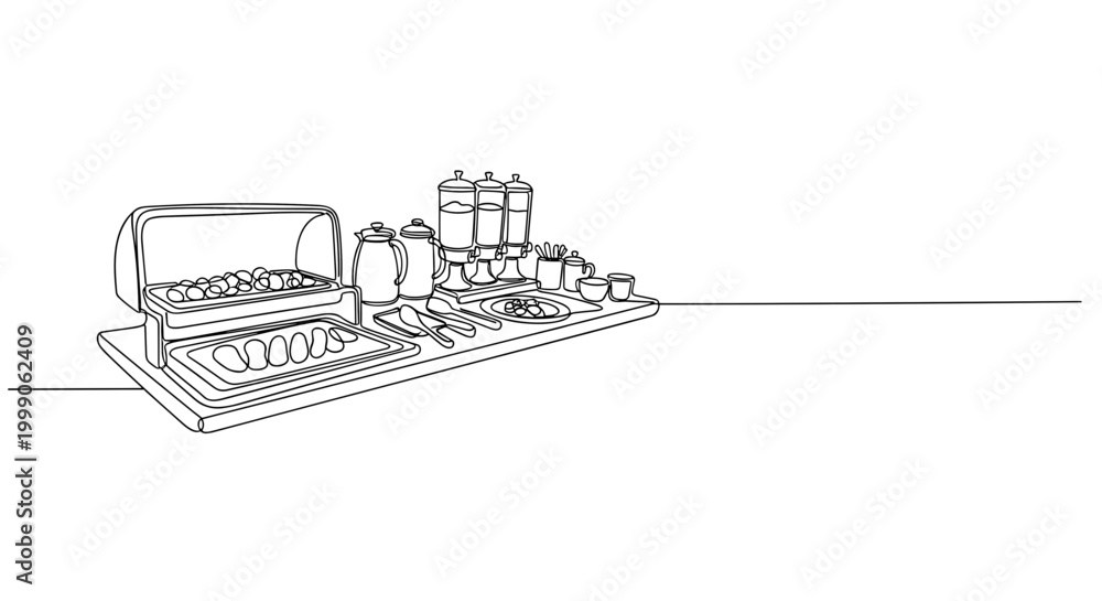 Obraz premium Hotel breakfast tray with food in minimalist line style