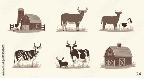 Illustrations of various farm animals and a barn in sepia tones on a beige background with a flat design style.