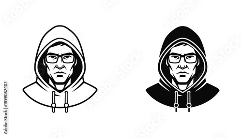 Man with glasses wearing hoodie vector illustration in outline and solid black silhouette graphic style