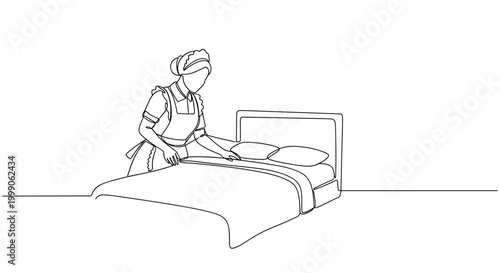 Hotel housekeeper making bed in minimalist line style