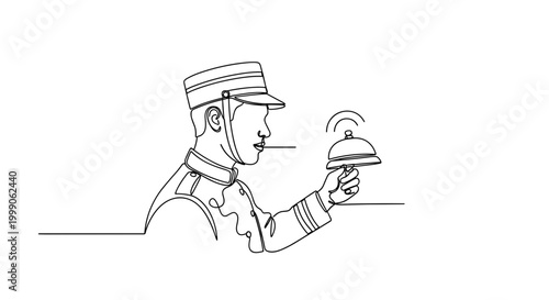 Hotel bellboy holding service bell in minimalist line style