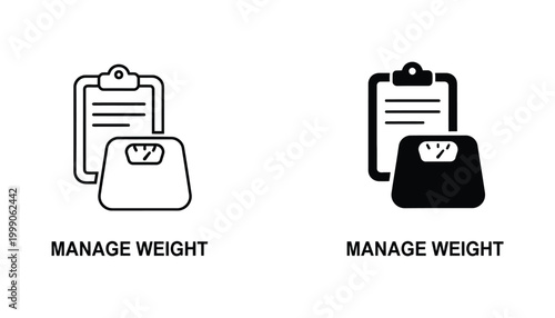 Clipboard with document and weighing scale icon representing weight management and health tracking graphic illustration