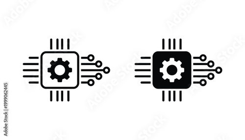Microchip with gear and circuit lines symbolizing technological processing and machine learning graphic icon