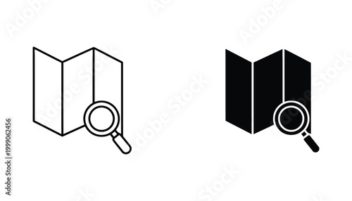 Open folded map with magnifying glass symbol indicating search or exploration graphic illustration