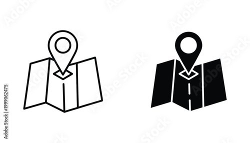 Folded map with location pin marker indicating destination or navigation point graphic icon