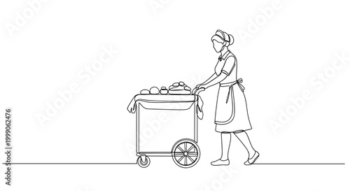 Hotel housekeeper pushing cleaning cart in minimalist line style
