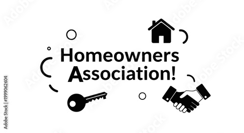 Homeowners Association (HOA) Concept with House, Key, and Handshake Icons.