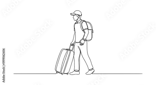 Hotel guest walking with suitcase in minimalist line style