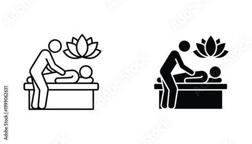 Massage therapy session with therapist and patient icon set as linear and solid vector graphics for spa and wellness center branding