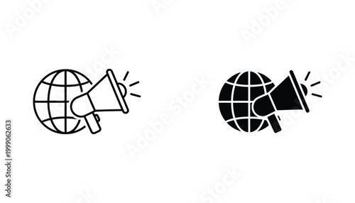 Global marketing communication icons featuring megaphone and globe earth symbol in outline and solid black vector styles for international business promotion and digital advertising campaigns