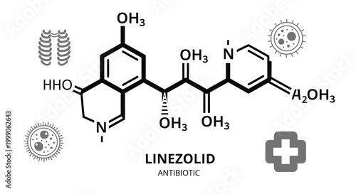 Linezolid Antibiotic Chemical Structure with Medical Icons.