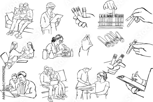 Medical Healthcare Illustration Set Featuring Blood Test Tubes and Patient Care Line Art
