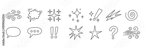 Set of handdrawn comic book style elements and speech bubbles