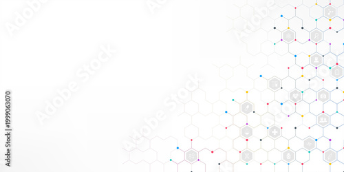 Medical background and healthcare technology with flat icons and symbols. Concept and idea for health care business, innovation medicine, health safety, science, medical research, and development.