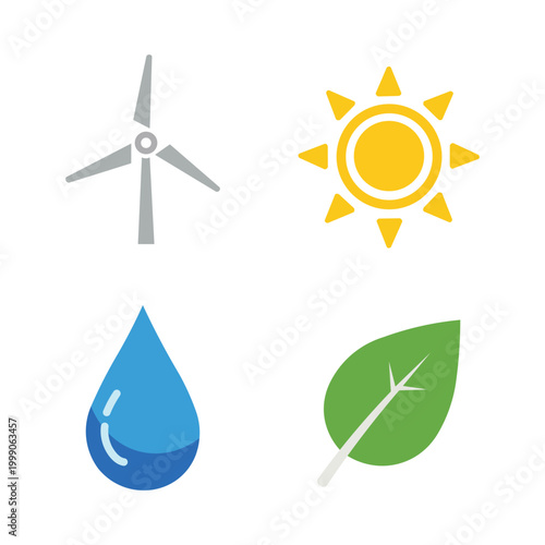 Set of four flat icons representing renewable energy sources