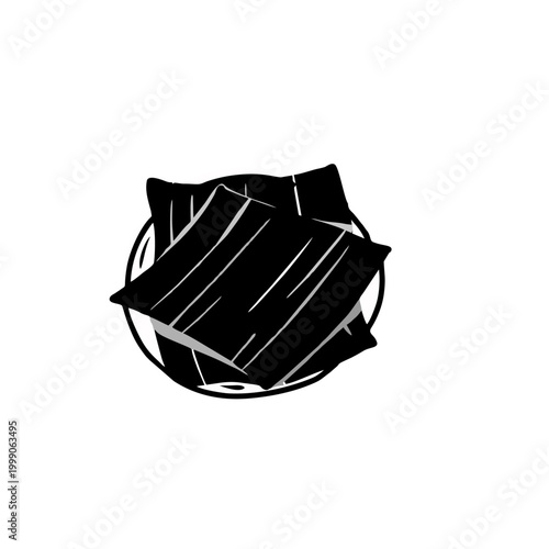 Stylized black and white illustration of dark, flat food sheets, possibly nori seaweed, arranged on a circular plate or bowl.