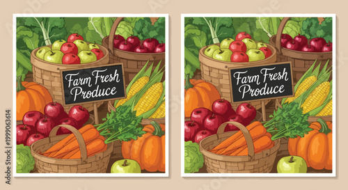 Collage of illustrations of baskets overflowing with assorted colorful fruits and vegetables on a beige background.
