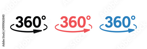 360 Degree Icons, Vector Illustration with Circular Arrow Rotation, Full Angle View Symbol, and 360 Degree Loop Design Elements