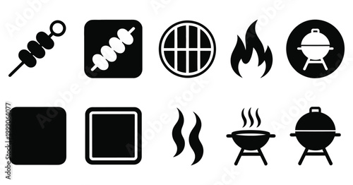 barbecue grill filled icon set featuring bbq tools, cooking equipment, kitchen utensils, outdoor grilling elements, food preparation symbols in bold and modern style.