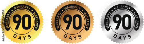 90 days premium luxury warranty logo in a gold circle with circular text. A ninety-month warranty label in gold, bronze, and silver. Vector illustration.