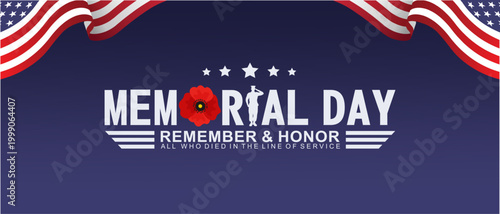 Patriotic Memorial Day 2026 Typography Banner with American Flag and Poppy Flower Tribute. Vector Illustration