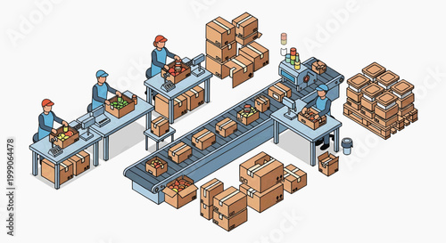 Isometric factory production line illustration showing workers sorting and packaging products for distribution