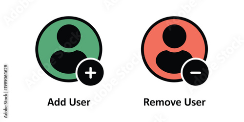 User Add and Remove Icons in Vector Style, Profile Symbol with Plus and Minus Signs in Circle.